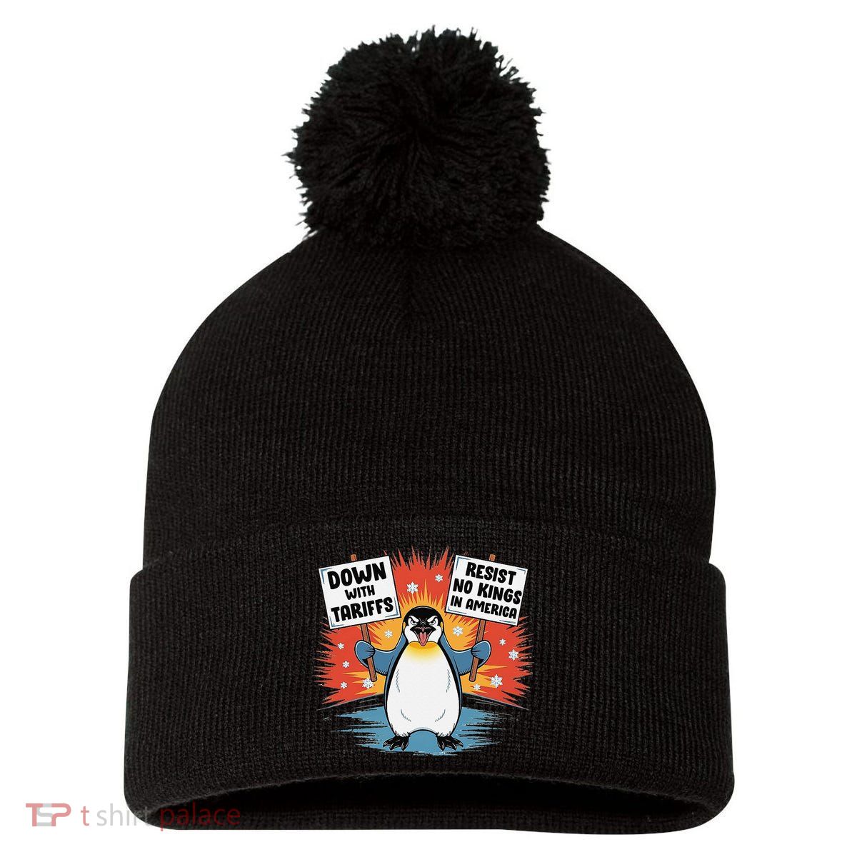 Resist Penguins Activism Funny Penguins Protest Tariffs Pom Pom 12in Knit Beanie