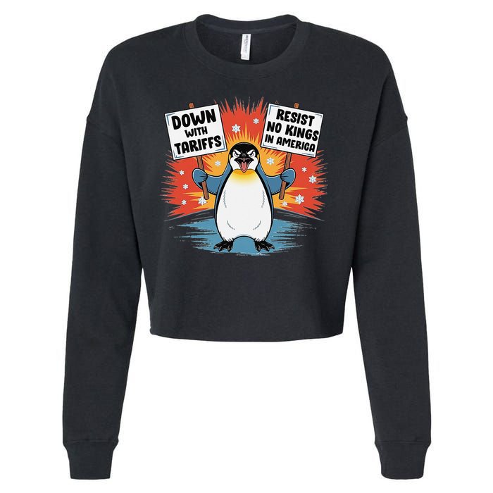 Resist Penguins Activism Funny Penguins Protest Tariffs Cropped Pullover Crew