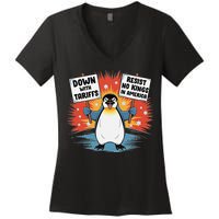 Resist Penguins Activism Funny Penguins Protest Tariffs Women's V-Neck T-Shirt