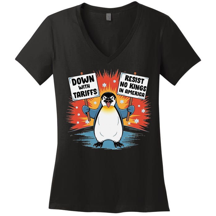 Resist Penguins Activism Funny Penguins Protest Tariffs Women's V-Neck T-Shirt
