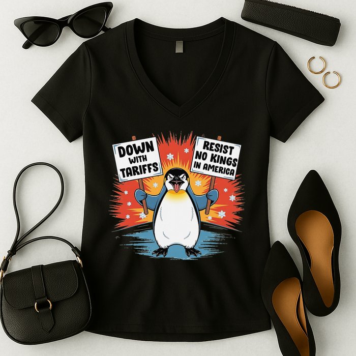 Resist Penguins Activism Funny Penguins Protest Tariffs Women's V-Neck T-Shirt
