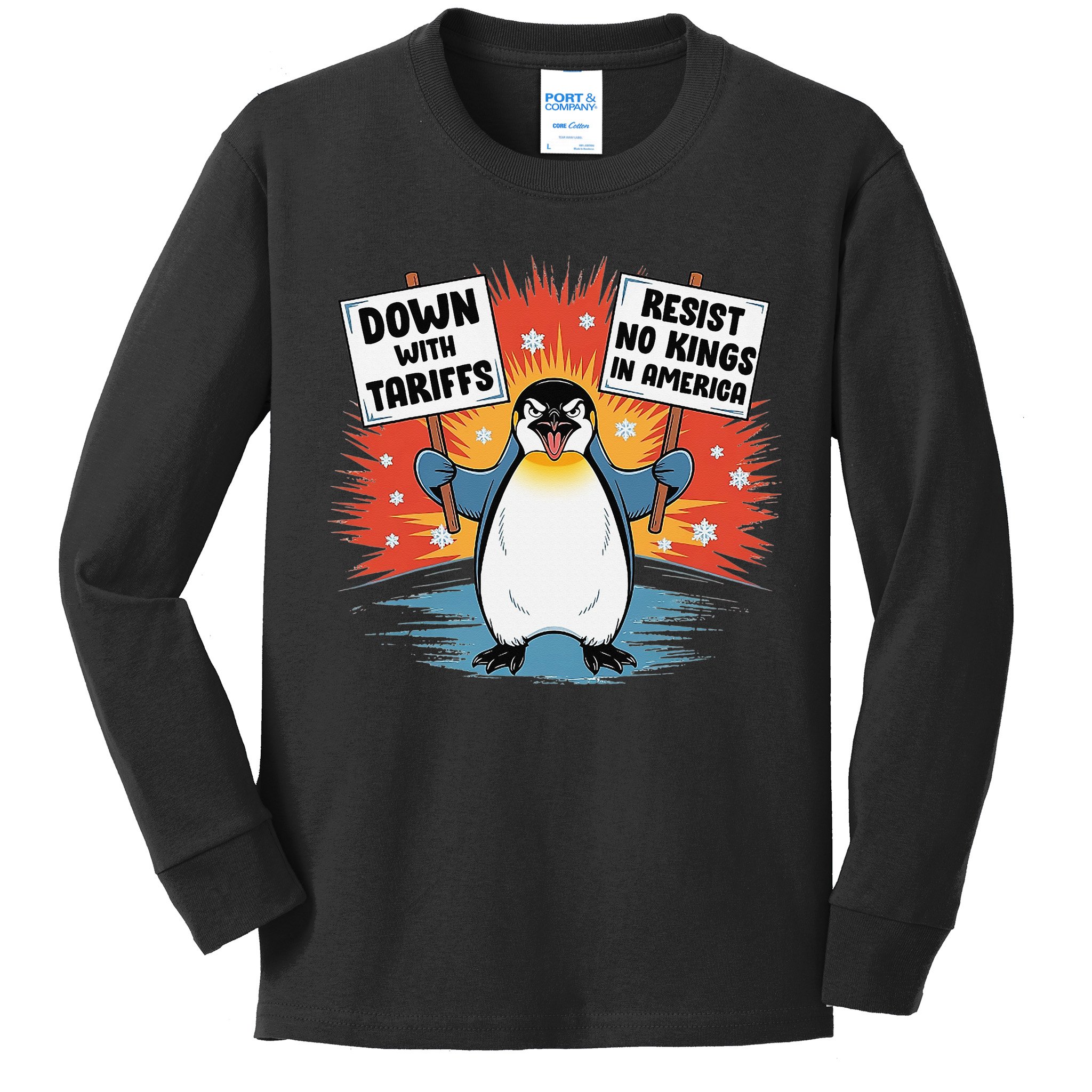Resist Penguins Activism Funny Penguins Protest Tariffs Kids Long Sleeve Shirt