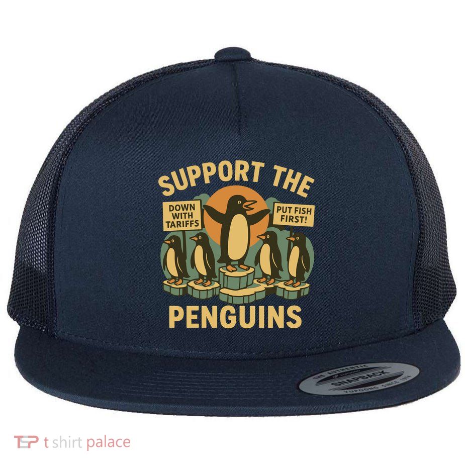 Resist Penguins Against Tariffs Retro Flat Bill Trucker Hat