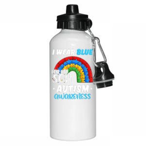 Rainbow Puzzle Autism I Wear Blue For Son Autism Awareness Aluminum Water Bottle