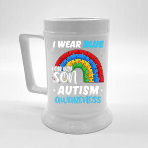 Rainbow Puzzle Autism I Wear Blue For Son Autism Awareness Beer Stein