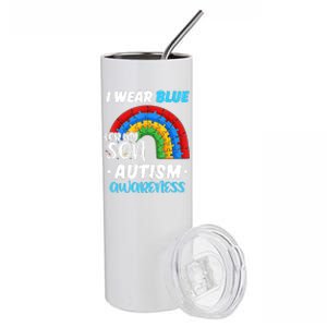 Rainbow Puzzle Autism I Wear Blue For Son Autism Awareness Stainless Steel Tumbler