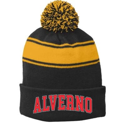 Retro Personalized Alverno Name Vintage Arch Women Stripe Pom Pom Beanie