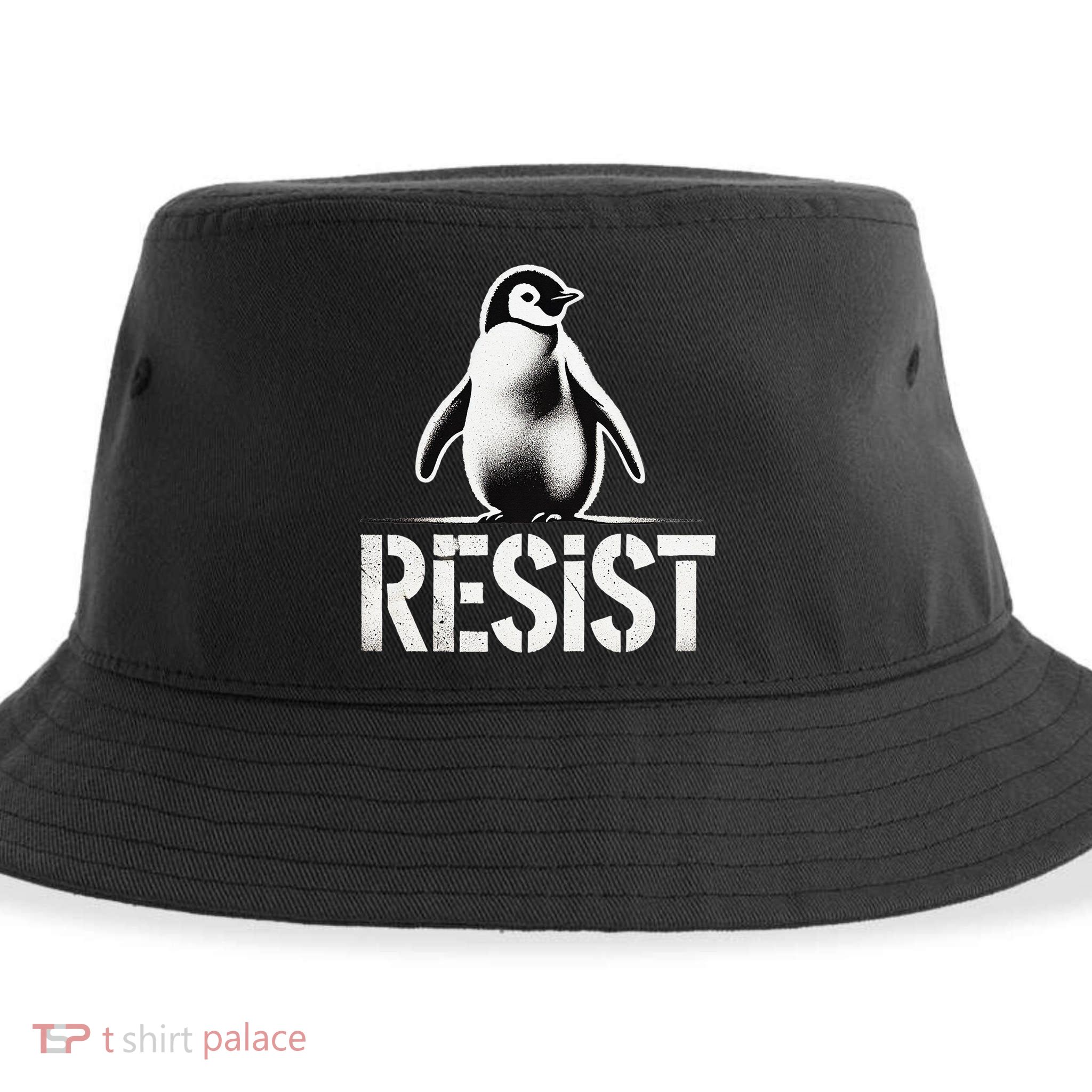 Resist Penguin Activism Penguins Protest Against Tariffs Sustainable Bucket Hat