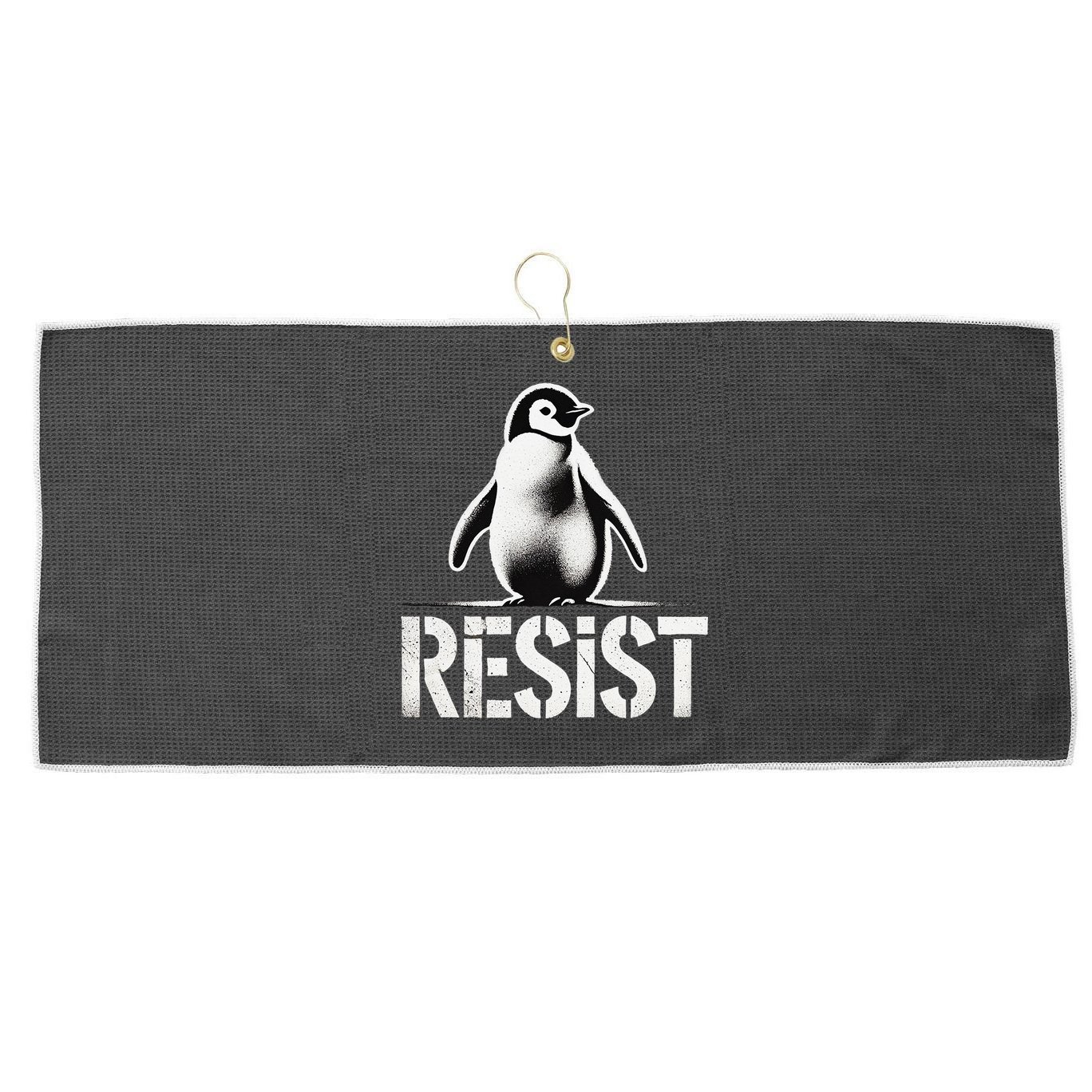 Resist Penguin Activism Penguins Protest Against Tariffs Large Microfiber Waffle Golf Towel