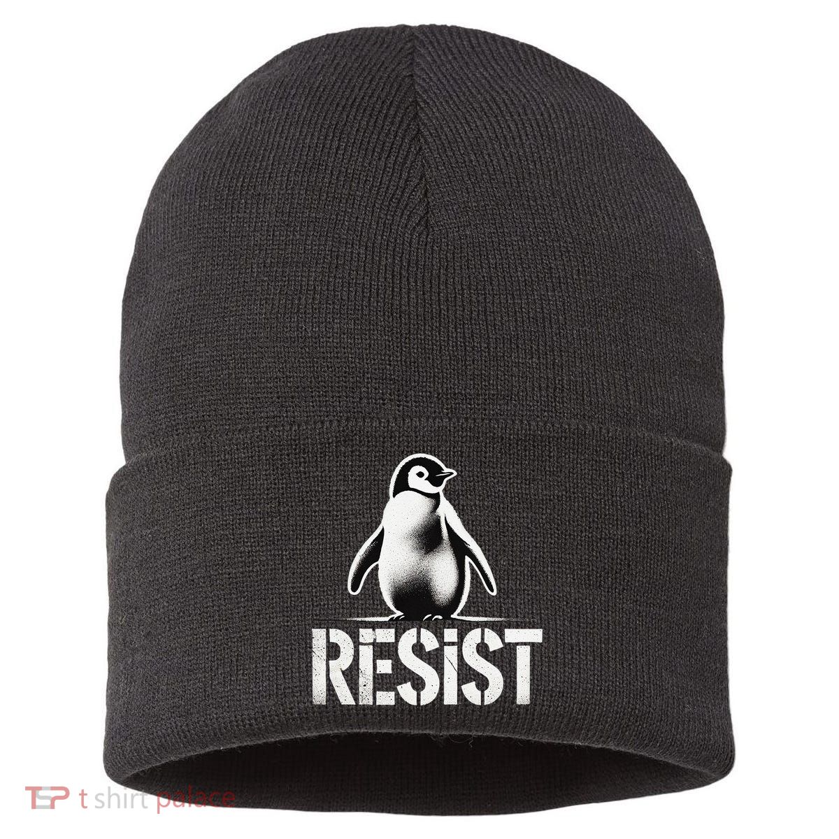 Resist Penguin Activism Penguins Protest Against Tariffs Sustainable Knit Beanie