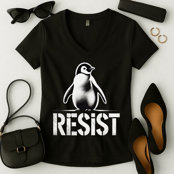 Resist Penguin Activism Penguins Protest Against Tariffs Women's V-Neck T-Shirt