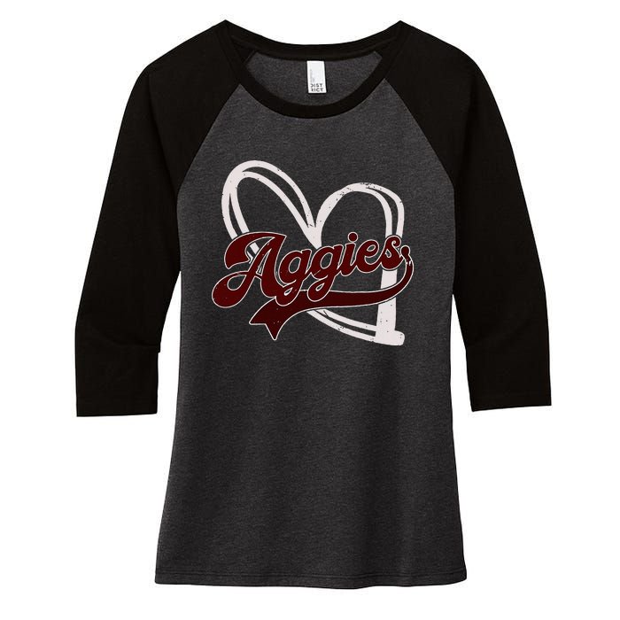 Retro Personalized Aggies Heart Women's Tri-Blend 3/4-Sleeve Raglan Shirt