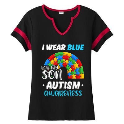 rainbow puzzle Autism I Wear Blue For Son Autism Awareness Ladies Halftime Notch Neck Tee