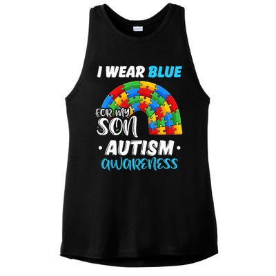 rainbow puzzle Autism I Wear Blue For Son Autism Awareness Ladies PosiCharge Tri-Blend Wicking Tank