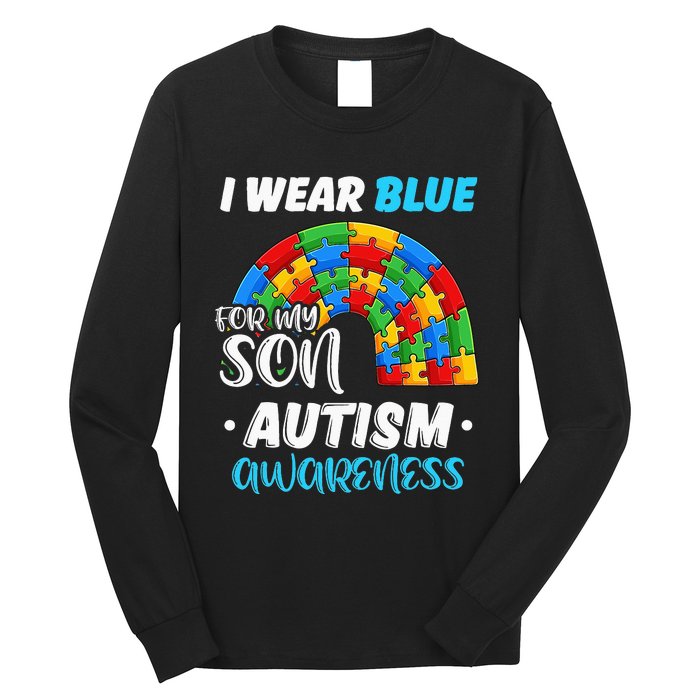 rainbow puzzle Autism I Wear Blue For Son Autism Awareness Long Sleeve Shirt