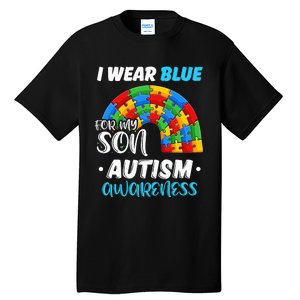 rainbow puzzle Autism I Wear Blue For Son Autism Awareness Tall T-Shirt