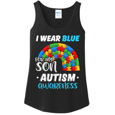 rainbow puzzle Autism I Wear Blue For Son Autism Awareness Ladies Essential Tank