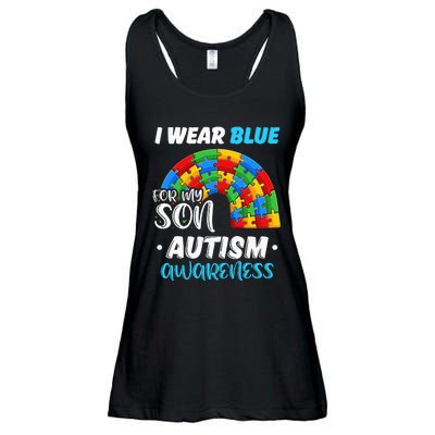 rainbow puzzle Autism I Wear Blue For Son Autism Awareness Ladies Essential Flowy Tank