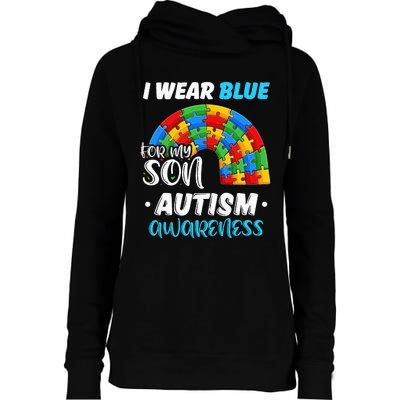 rainbow puzzle Autism I Wear Blue For Son Autism Awareness Womens Funnel Neck Pullover Hood