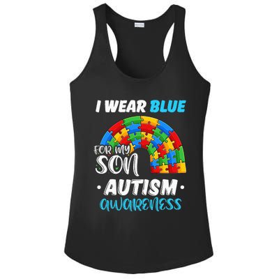 rainbow puzzle Autism I Wear Blue For Son Autism Awareness Ladies PosiCharge Competitor Racerback Tank