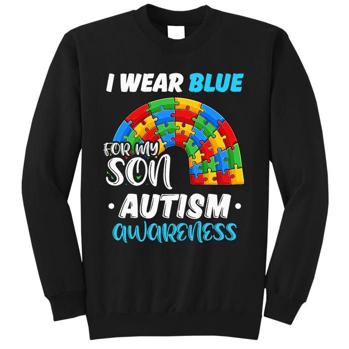 rainbow puzzle Autism I Wear Blue For Son Autism Awareness Tall Sweatshirt