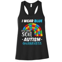 rainbow puzzle Autism I Wear Blue For Son Autism Awareness Women's Racerback Tank