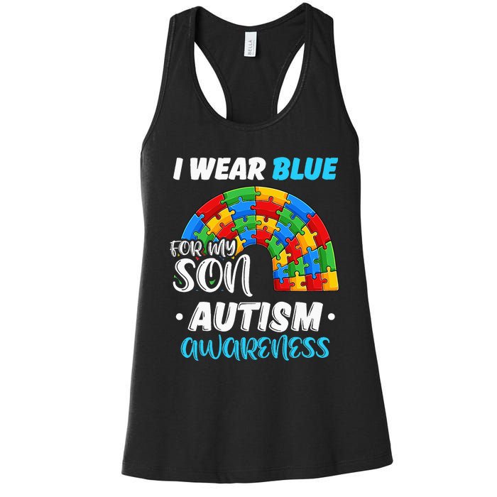 rainbow puzzle Autism I Wear Blue For Son Autism Awareness Women's Racerback Tank