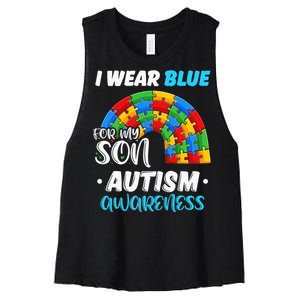 rainbow puzzle Autism I Wear Blue For Son Autism Awareness Women's Racerback Cropped Tank