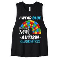 rainbow puzzle Autism I Wear Blue For Son Autism Awareness Women's Racerback Cropped Tank