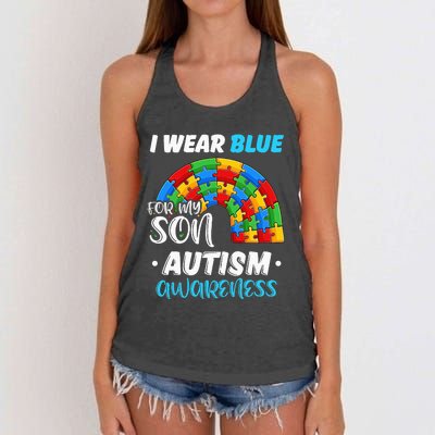 rainbow puzzle Autism I Wear Blue For Son Autism Awareness Women's Knotted Racerback Tank