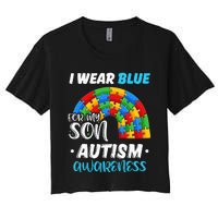 rainbow puzzle Autism I Wear Blue For Son Autism Awareness Women's Crop Top Tee