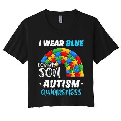 rainbow puzzle Autism I Wear Blue For Son Autism Awareness Women's Crop Top Tee