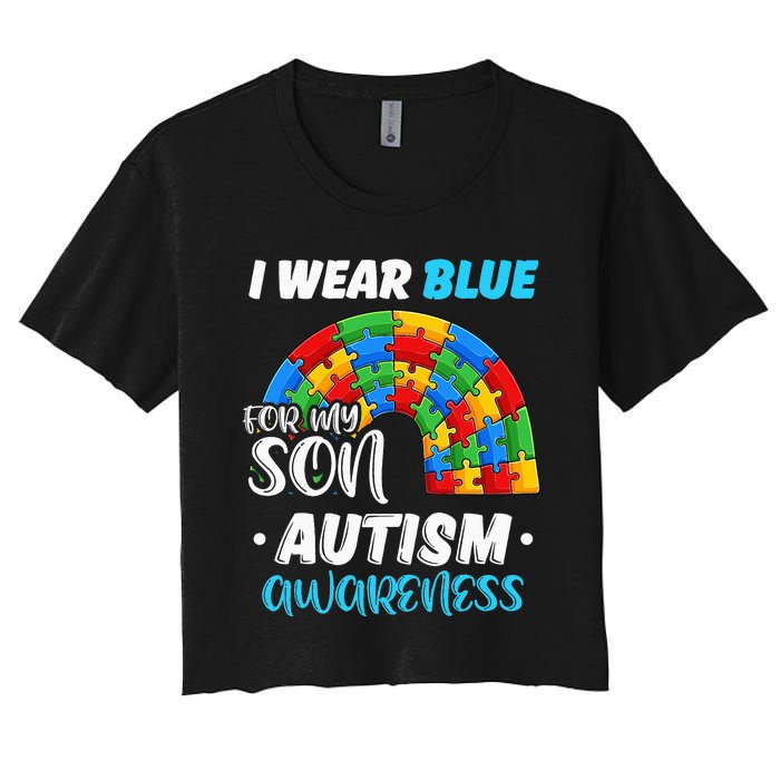 rainbow puzzle Autism I Wear Blue For Son Autism Awareness Women's Crop Top Tee