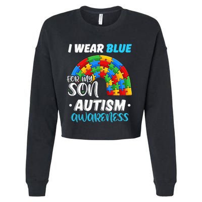 rainbow puzzle Autism I Wear Blue For Son Autism Awareness Cropped Pullover Crew