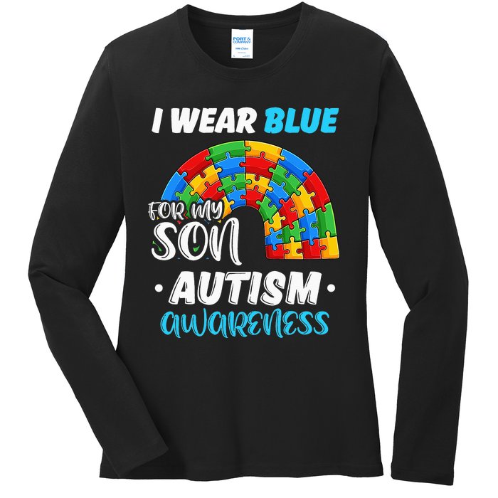 rainbow puzzle Autism I Wear Blue For Son Autism Awareness Ladies Long Sleeve Shirt