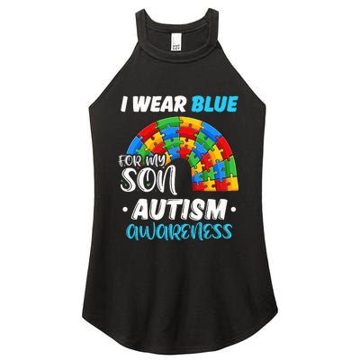 rainbow puzzle Autism I Wear Blue For Son Autism Awareness Women's Perfect Tri Rocker Tank