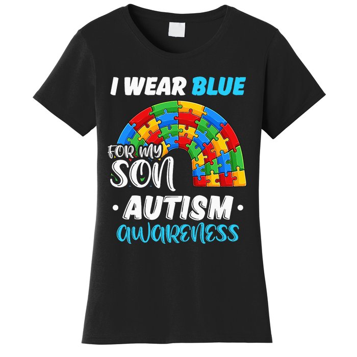 rainbow puzzle Autism I Wear Blue For Son Autism Awareness Women's T-Shirt