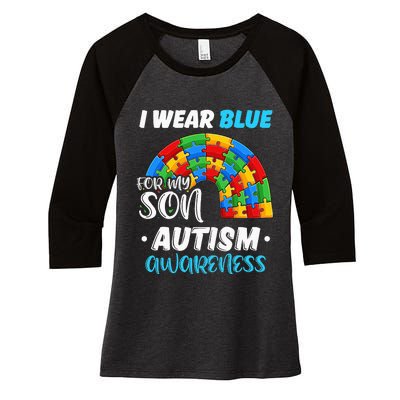 rainbow puzzle Autism I Wear Blue For Son Autism Awareness Women's Tri-Blend 3/4-Sleeve Raglan Shirt