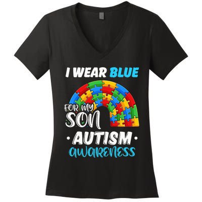 rainbow puzzle Autism I Wear Blue For Son Autism Awareness Women's V-Neck T-Shirt