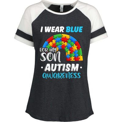 rainbow puzzle Autism I Wear Blue For Son Autism Awareness Enza Ladies Jersey Colorblock Tee