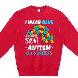 rainbow puzzle Autism I Wear Blue For Son Autism Awareness Premium Crewneck Sweatshirt