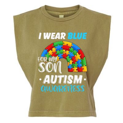 rainbow puzzle Autism I Wear Blue For Son Autism Awareness Garment-Dyed Women's Muscle Tee