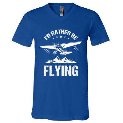 Retro Pilot Aviation ID Rather Be Flying Plane Gift Pilot Gift V-Neck T-Shirt