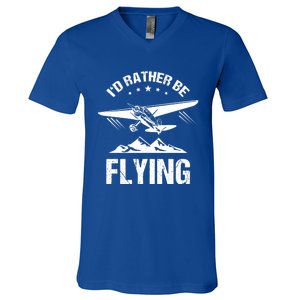 Retro Pilot Aviation Id Rather Be Flying Plane Gift Pilot Great Gift V-Neck T-Shirt