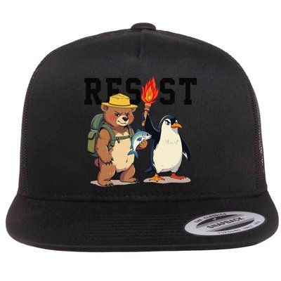 Resist Penguins And Bear Graphic We Stand With Penguins Flat Bill Trucker Hat