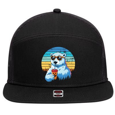 Retro Polar Bear In Sunglasses Halloween Funny Polar Bear 7 Panel Mesh Trucker Snapback Hat