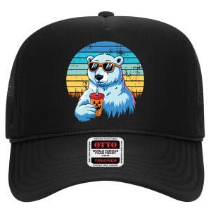 Retro Polar Bear In Sunglasses Halloween Funny Polar Bear High Crown Mesh Back Trucker Hat