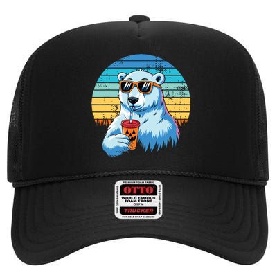 Retro Polar Bear In Sunglasses Halloween Funny Polar Bear High Crown Mesh Back Trucker Hat