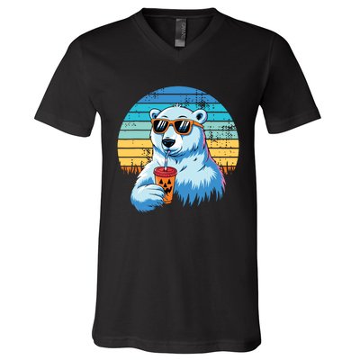 Retro Polar Bear In Sunglasses Halloween Funny Polar Bear V-Neck T-Shirt