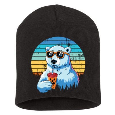 Retro Polar Bear In Sunglasses Halloween Funny Polar Bear Short Acrylic Beanie